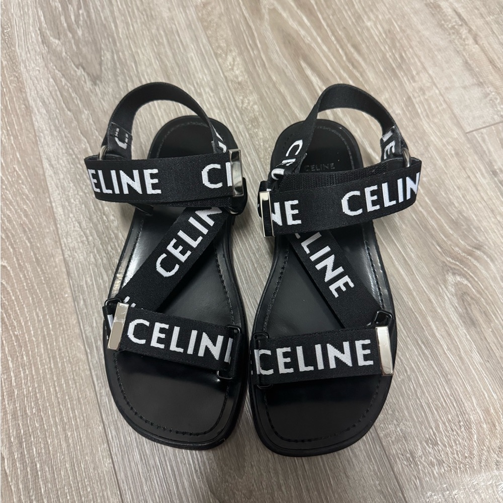 Celine Black Sandals with White Logo Straps